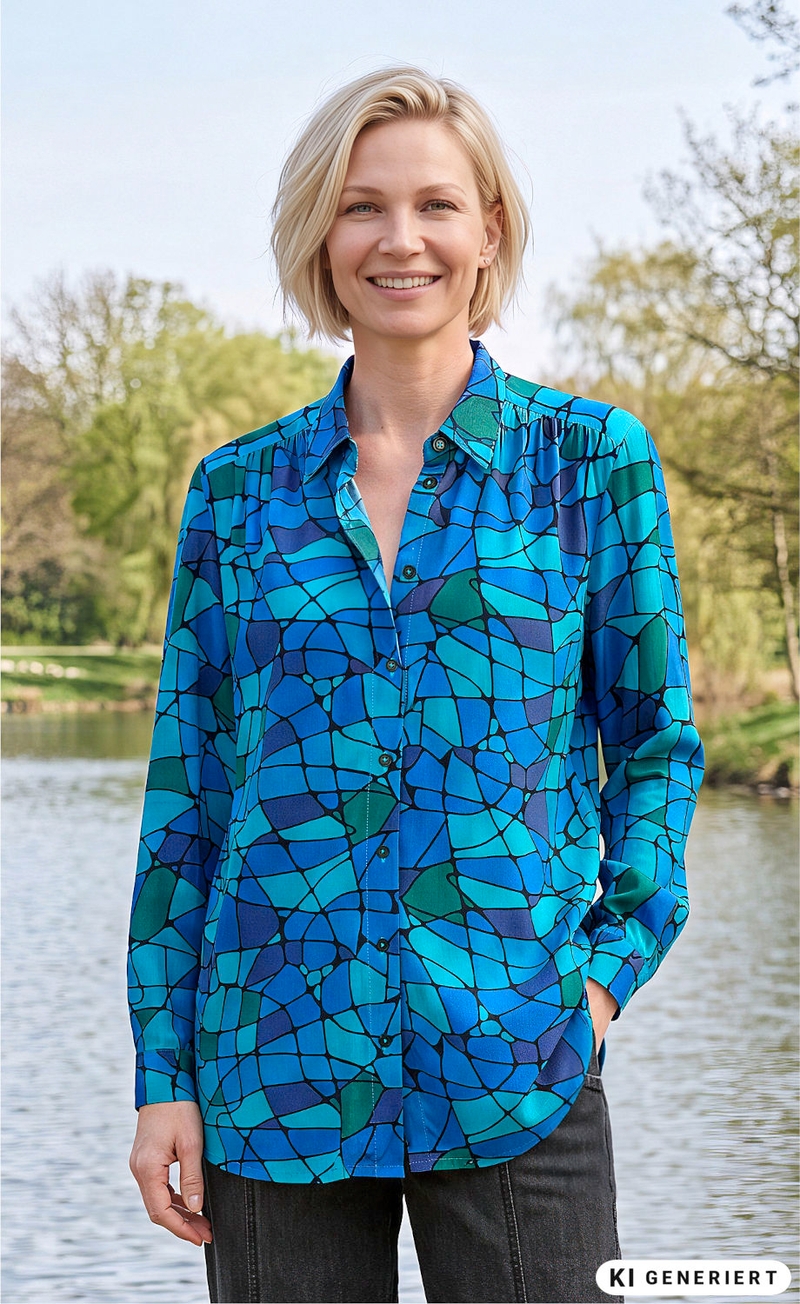 Frau mit kurzen blonden Haaren trägt eine blau-grüne Viskose-Bluse mit abstraktem Muster, lächelt, steht vor einem See, im Hintergrund Bäume und blauer Himmel, linke Hand in Hosentasche, rechte Hand locker vor dem Körper