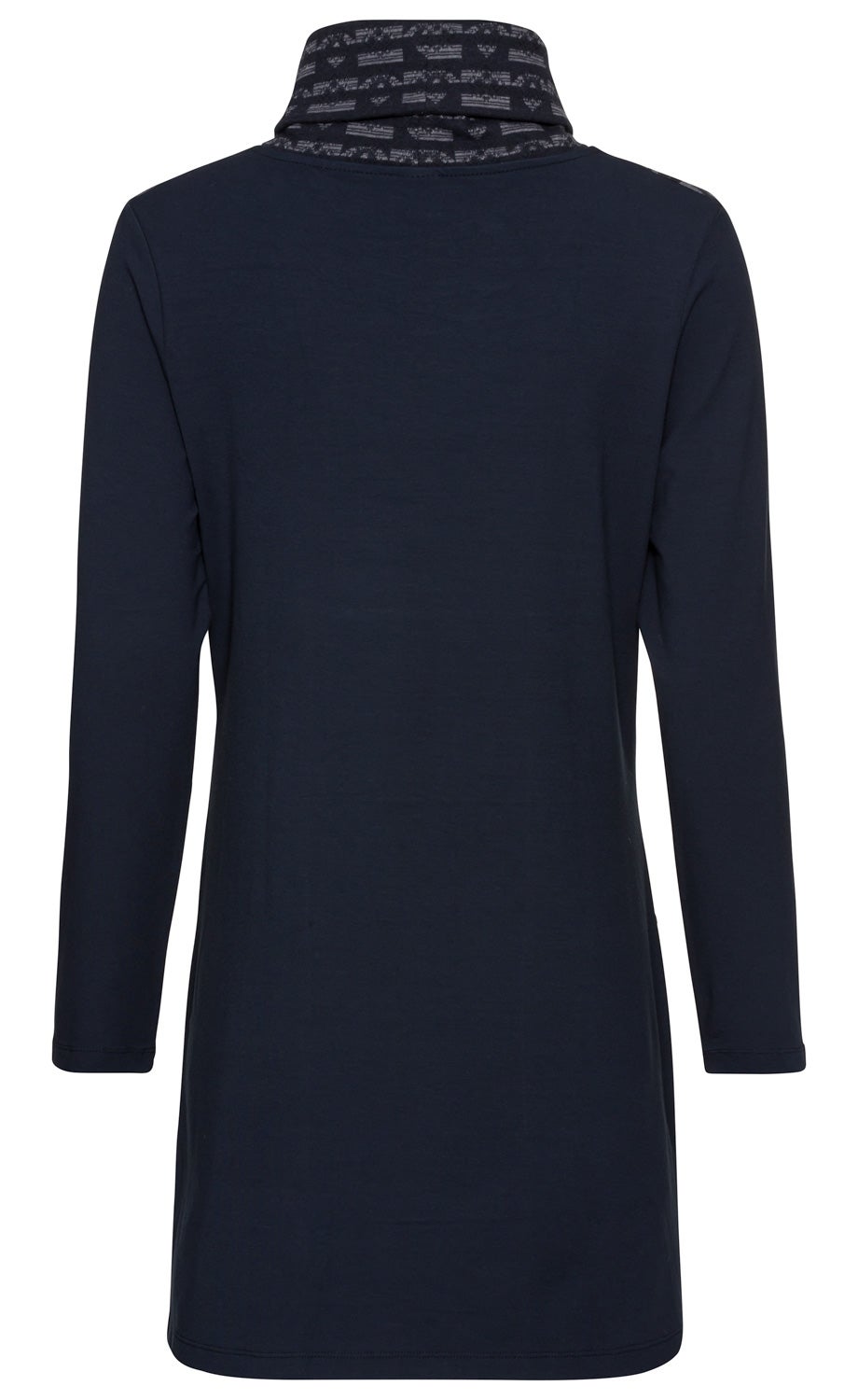 Dunkelblaues Viskose-Mix-Shirt mit langen Ärmeln, länger geschnitten, hoher Kragen mit gestreiftem Muster in Weiß und Grau, Rückansicht, schlichte und elegante Optik