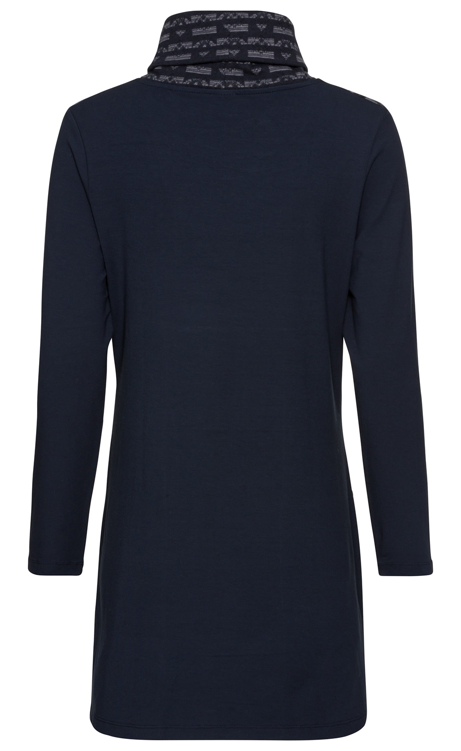 Dunkelblaues Viskose-Mix-Shirt mit langen Ärmeln, länger geschnitten, hoher Kragen mit gestreiftem Muster in Weiß und Grau, Rückansicht, schlichte und elegante Optik