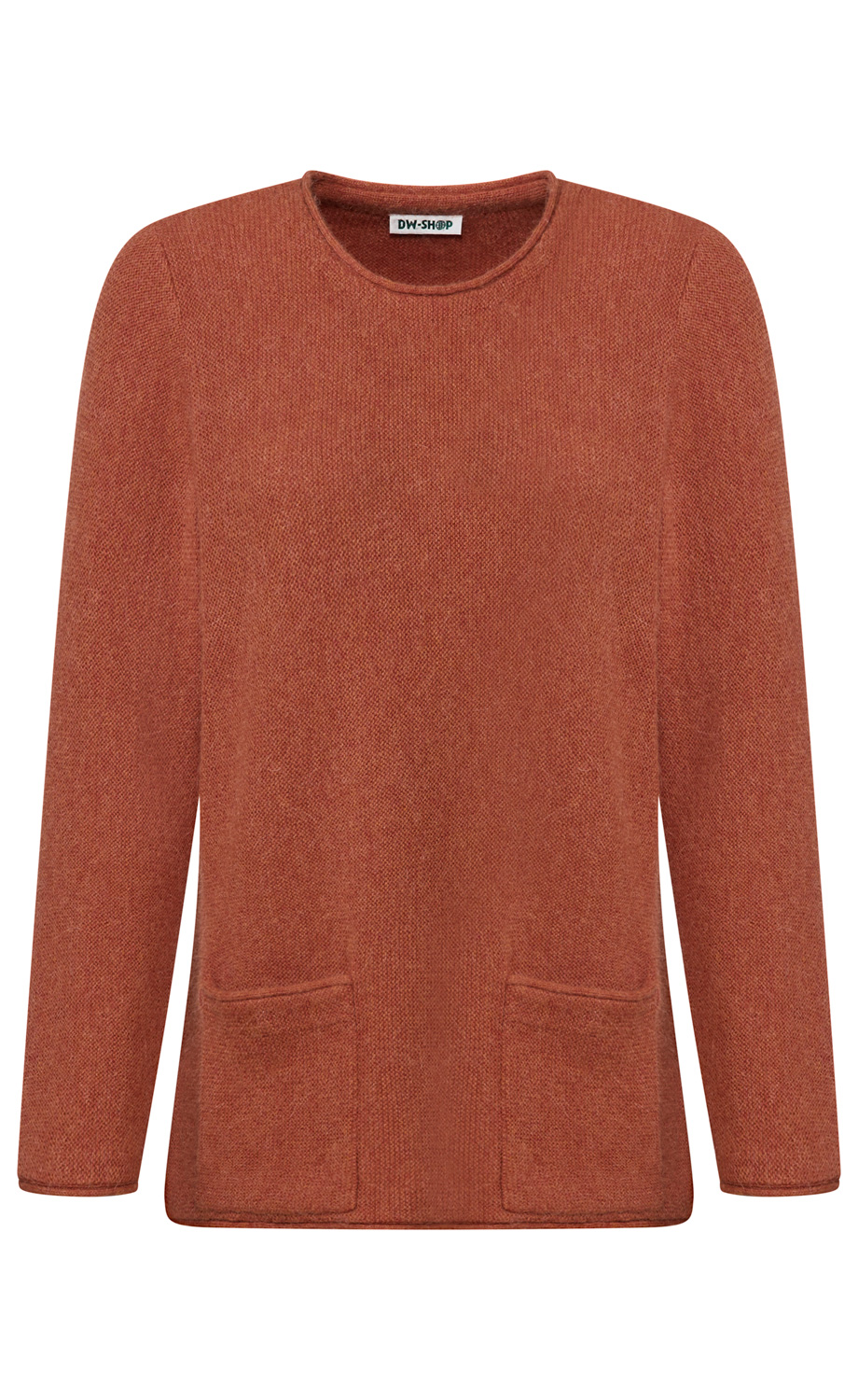 rotbrauner Damenpullover aus grobgestricktem Stoff mit Rundhalsausschnitt und zwei aufgesetzten Taschen vorne, lange Ärmel, gerade geschnitten, schlichtes Design