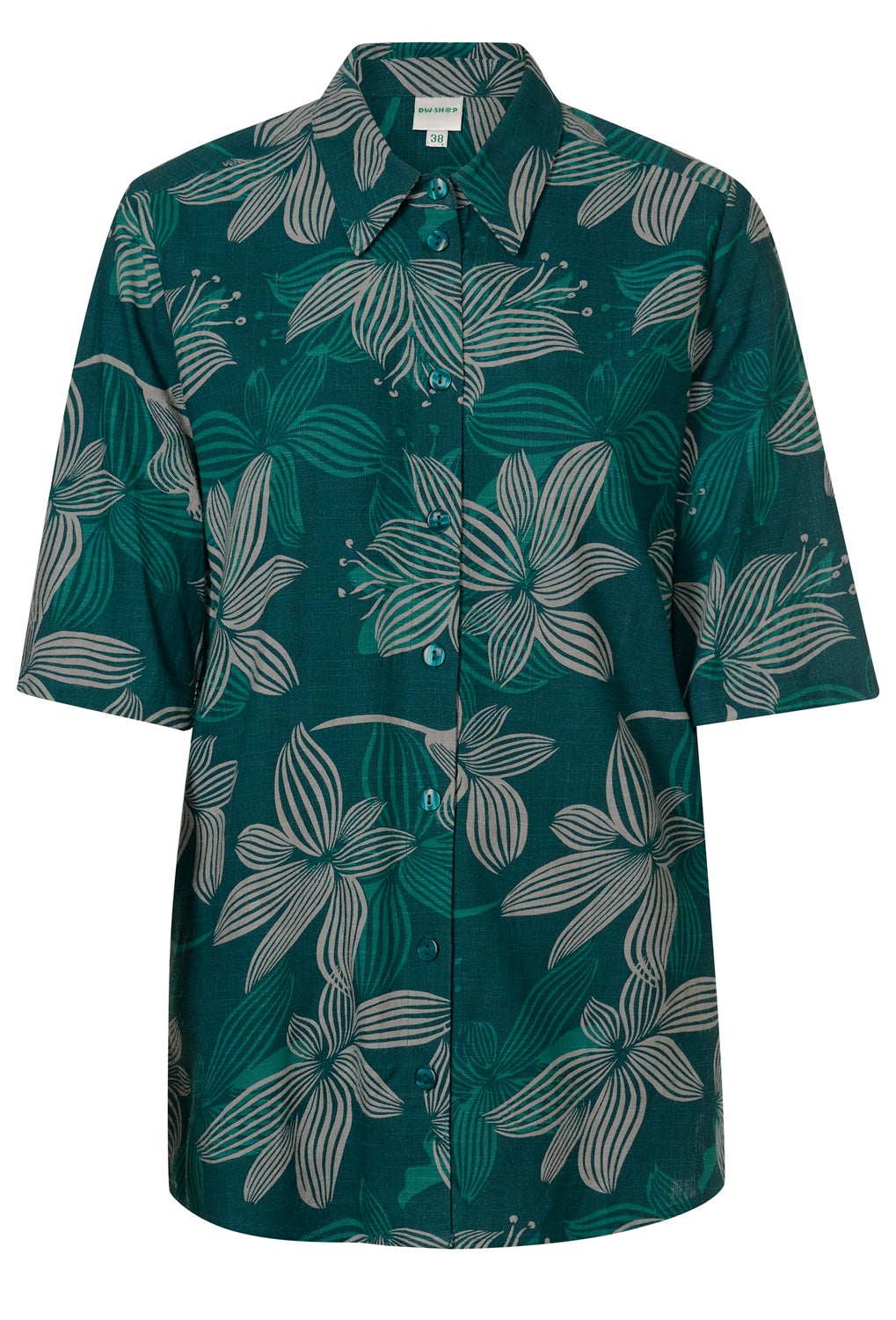Viskose-Bluse mit halblangen Ärmeln, dunkelgrünem Grundton und großem floralen Muster in hellgrau, durchgehende Knopfleiste vorne, spitzer Kragen, leichte Struktur des Stoffes sichtbar.