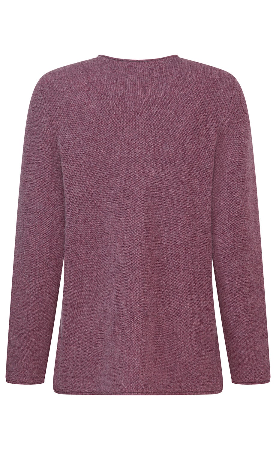 Rückansicht eines langärmligen, einfarbigen Pullover in gedecktem Rot-Violett, mit rundem Halsausschnitt und feiner Strickstruktur.