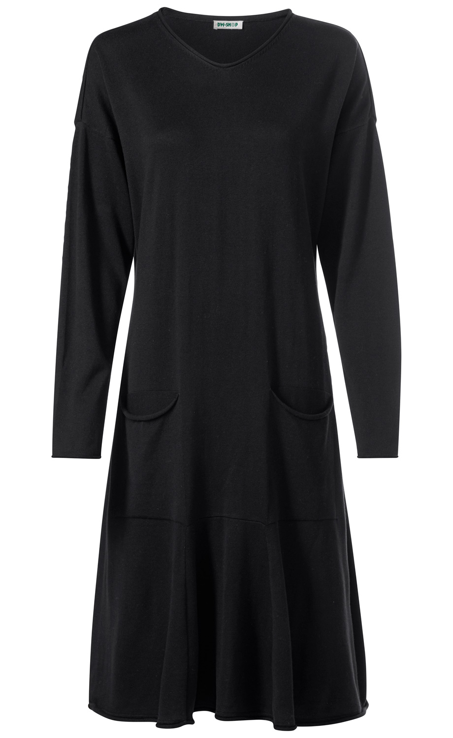 Schwarzes Baumwoll-Mix-Kleid mit V-Ausschnitt, langen Ärmeln, lockerer Passform und zwei aufgesetzten Taschen vorne, knieumspielende Länge, schlichtes, unifarbenes Design