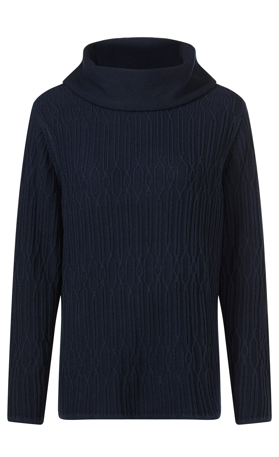 dunkelblauer Baumwoll-Mix-Pullover mit langem Arm, Strukturstrickmuster und weitem, umgeschlagenem Rollkragen, gerade geschnitten