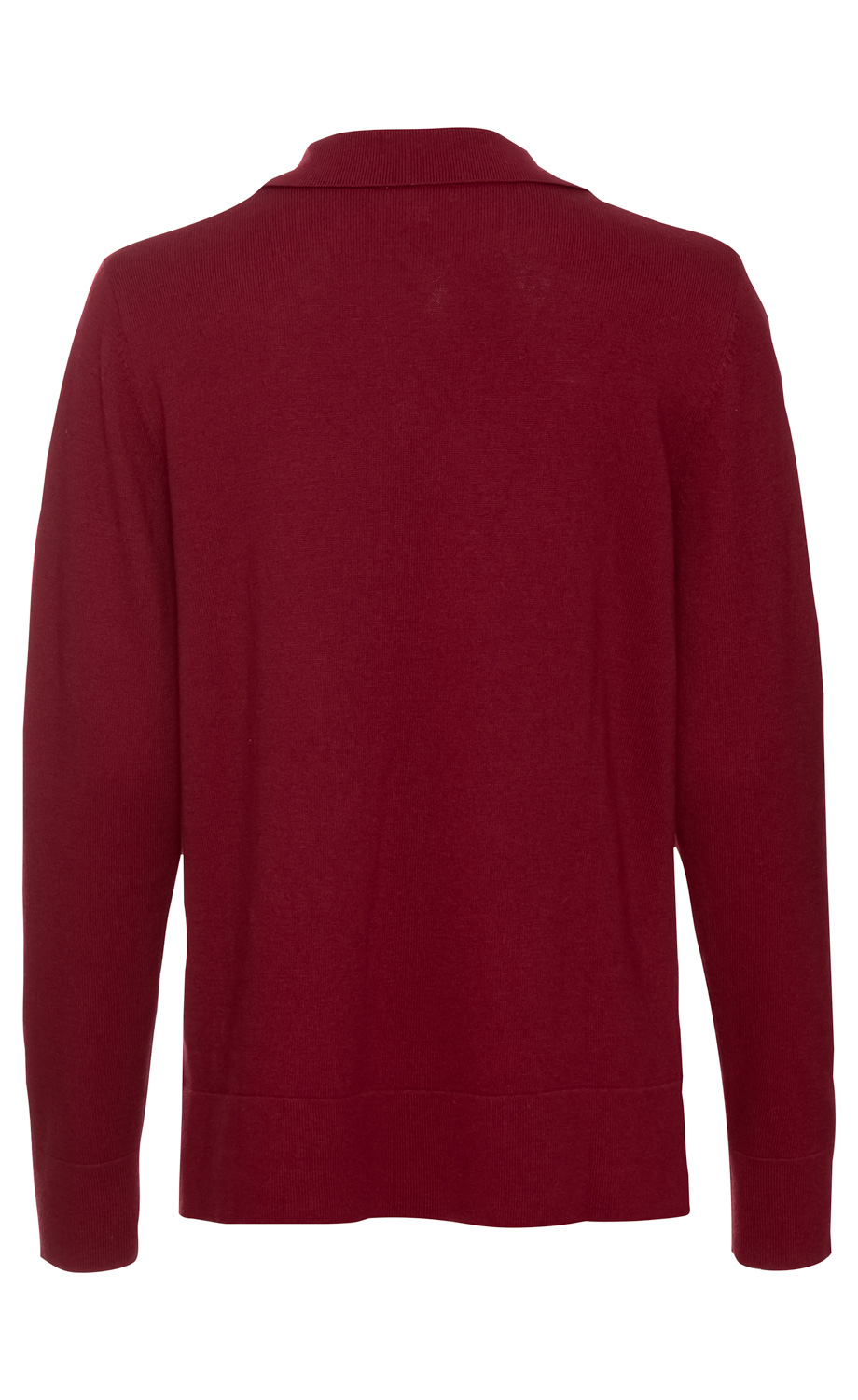 Rückansicht eines langärmeligen Baumwoll-Mix-Pullovers in dunklem Rot mit einfachem Design und geripptem Kragen, Bund und Ärmelsäumen