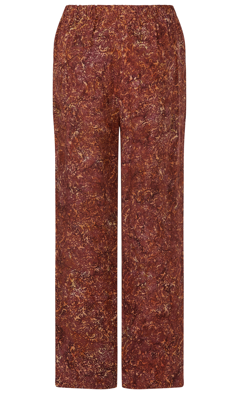 Viskose-Hose mit weitem Bein, elastischem Bund, braunem Untergrund und filigranem, floralen Muster in verschiedenen Braun- und Beigetönen, lässiger und bequemer Schnitt