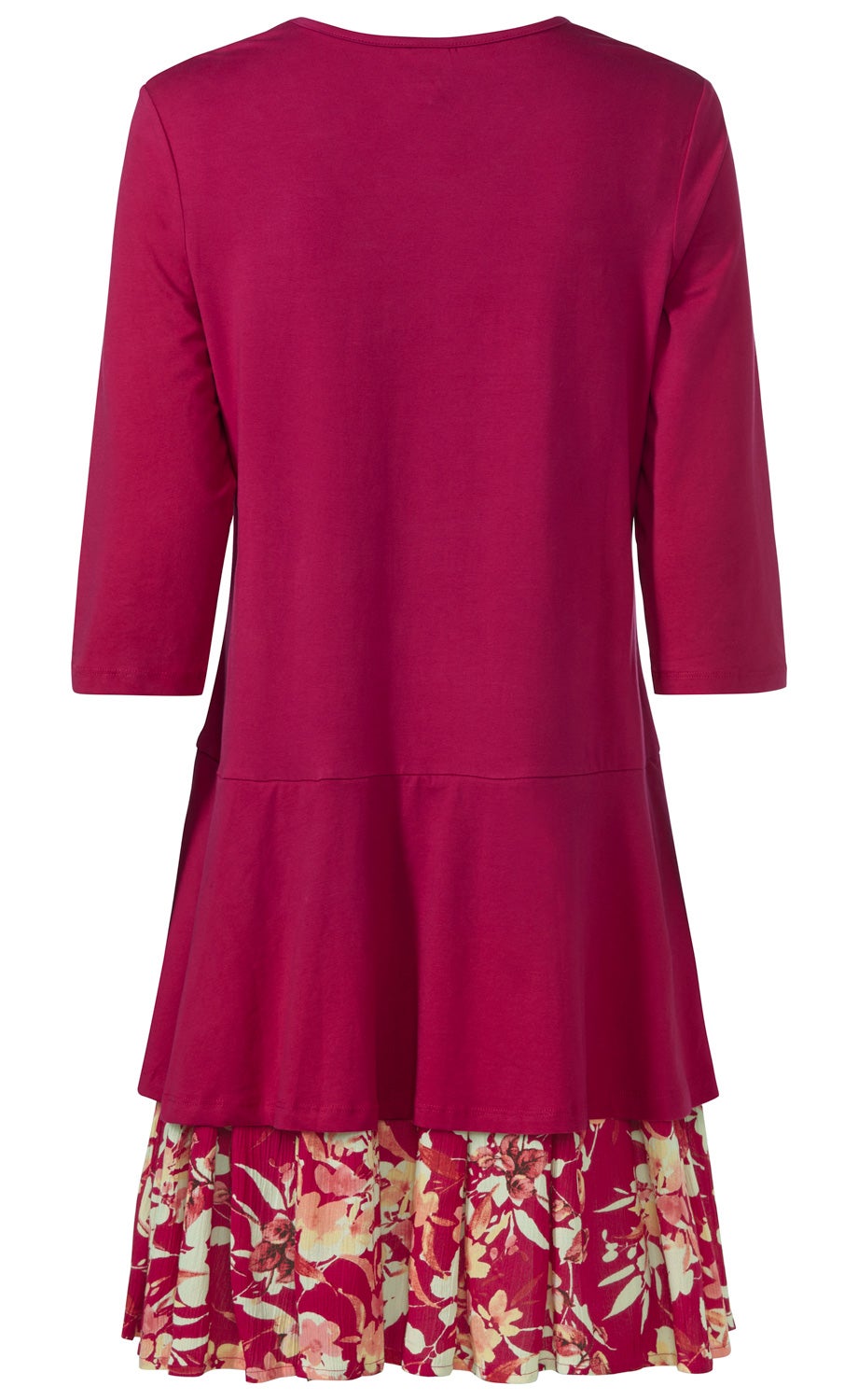 Rückansicht eines baumwoll-kleids in dunkelrot mit 3/4-ärmeln, tailliertem Schnitt und ausgestelltem oberteil mit floral gemustertem, plisseeartigem Saum in rot, rosa und beige.