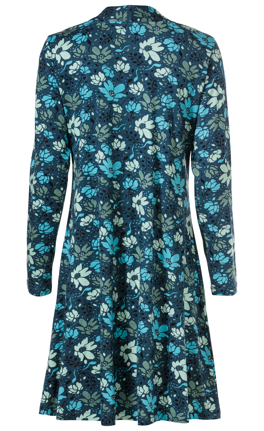 Baumwoll-Mix-Kleid in dunkelblau mit langem Arm, A-Linien-Schnitt und floralem Muster in hellblau, mintgrün und schwarz, Rückansicht