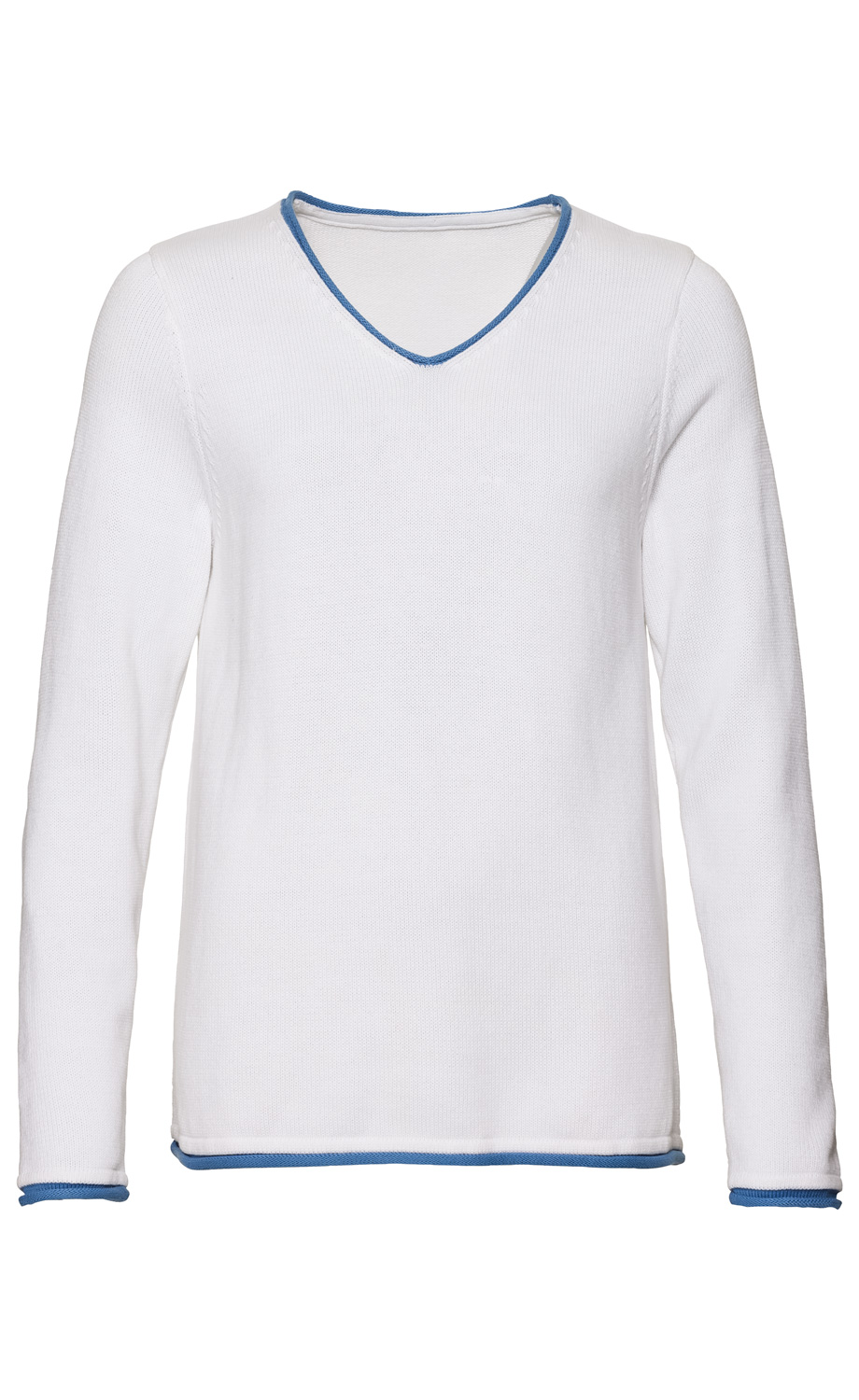 weißes Baumwoll-Pullover mit V-Ausschnitt, langen Ärmeln und blauer Kantenverzierung am Hals, Saum und Ärmelabschluss, klassische Passform