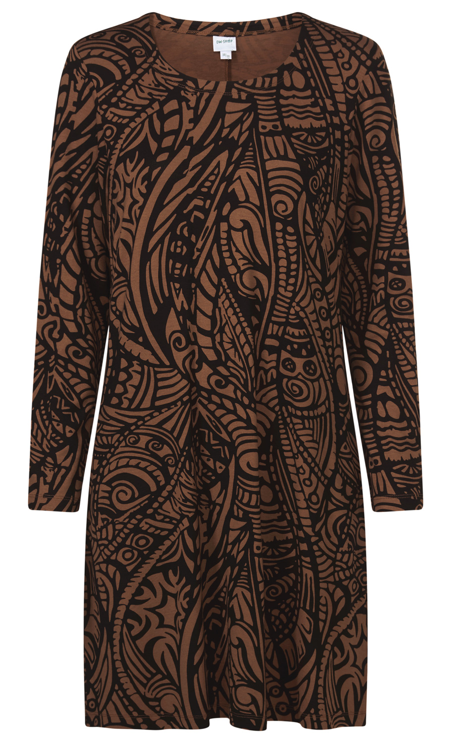 Braunes Viskose-Mix-Kleid mit langem Arm und kurzem Schnitt, bedeckt mit abstraktem schwarzem Muster aus Linien und Formen, rundem Ausschnitt, locker geschnitten, ohne sichtbare Knöpfe oder Reißverschluss.