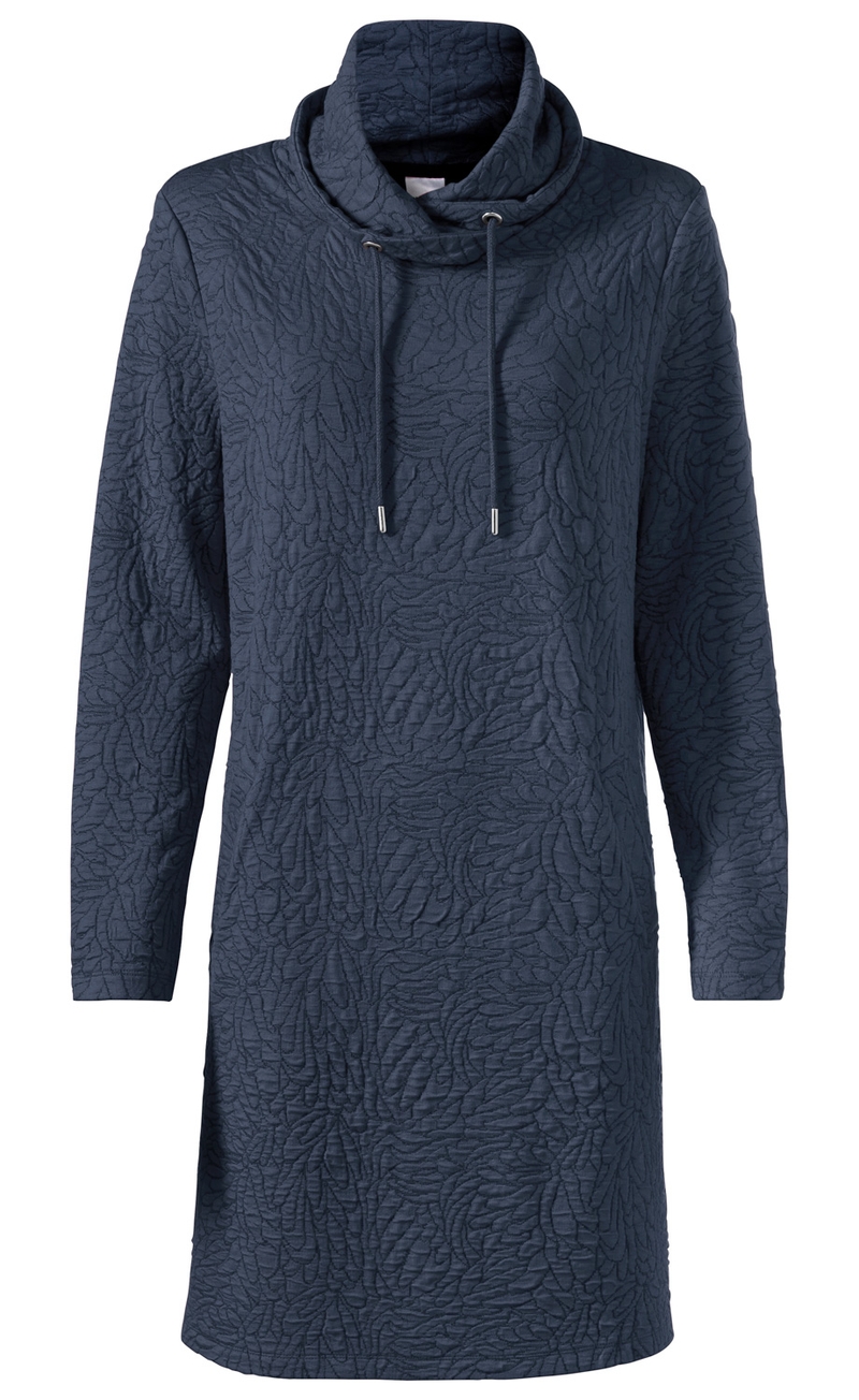 Dunkelblaues Viskose-Mix-Kleid mit langem Arm, Stehkragen mit Tunnelzug und metallischen Enden, tonale strukturierte Musterung, mittellänge, gerade geschnitten, schlicht und modern