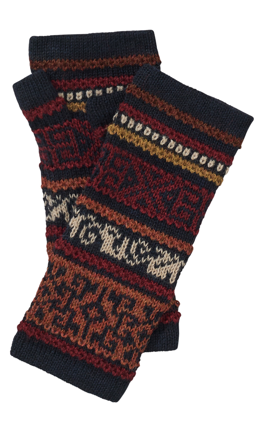 paar handgestrickte Pulswärmer aus Wolle mit mehrfarbigem norwegischen Muster in Dunkelblau, Rot, Braun, Senfgelb und Beige, rechteckig, offen an den Fingern, warm und weich