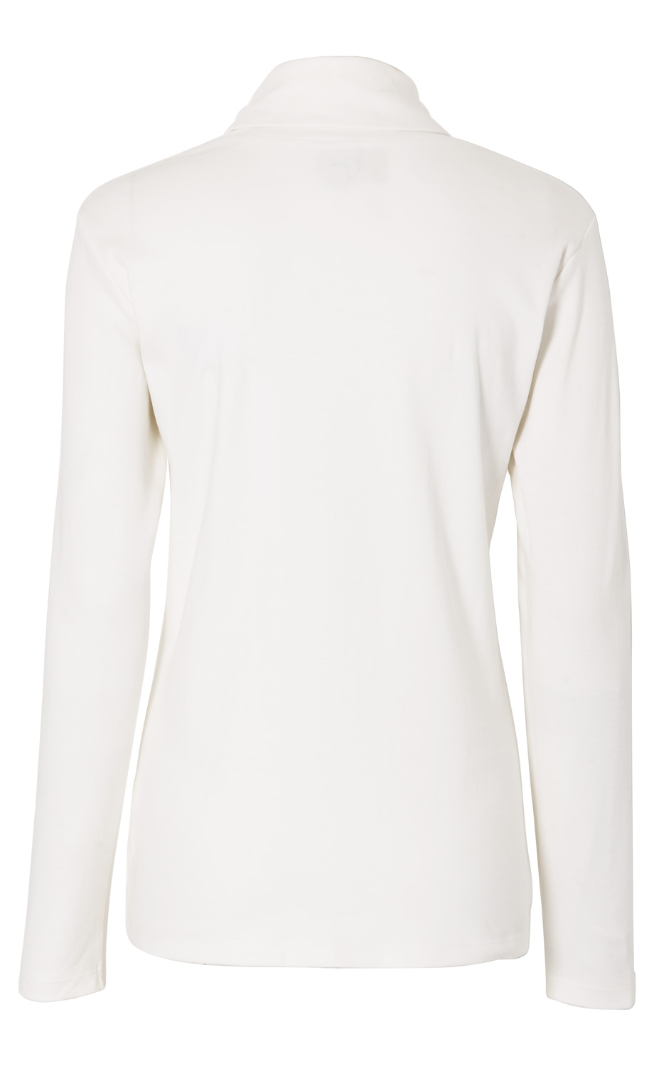 weißes langärmeliges Baumwoll-Shirt mit hohem Kragen, Rückansicht, schlichtes Design, glatter Stoff, taillierte Passform