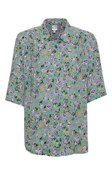Hellgrüne Bluse mit buntem Blumenmuster, Hemdblusenkragen, halblange Ärmel, gerade geschnitten, locker fallend