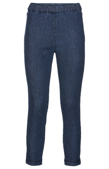 Dunkelblaue Jeanshose, schmal geschnitten, elastischer Bund ohne sichtbare Knöpfe oder Reißverschluss, keine Taschen sichtbar, knöchellang