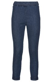 Dunkelblaue Jeanshose, schmal geschnitten, elastischer Bund ohne sichtbare Knöpfe oder Reißverschluss, keine Taschen sichtbar, knöchellang