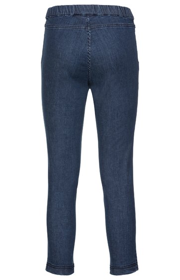 Dunkelblaue Jeanshose für Kinder, elastischer Bund, schmal geschnitten, ohne sichtbare Verschlüsse oder Taschen, Rückansicht