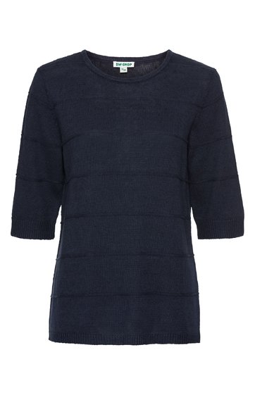 Damenpullover marineblau, fein gestreift durch Maschenstruktur, Rundhalsausschnitt, halblange Ärmel, gerade geschnitten