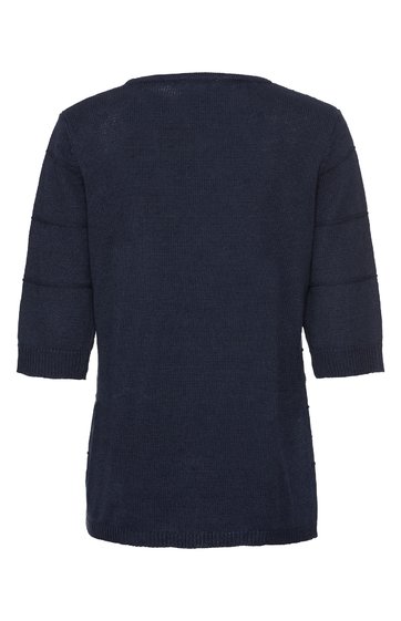 Dunkelblauer Pullover ohne Muster, Rundhals, halblange Ärmel, gerade geschnitten