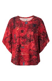 Rotes Damenoberteil mit abstraktem schwarzen und blauen Muster, rundem Ausschnitt, weitem lockeren Schnitt, kurzen Ärmeln