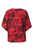 Rotes Damenoberteil mit abstraktem schwarzem und blauen Muster, rundhals, weite kurze Ärmel, lockere Passform