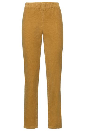Hose in ockerbraun ohne Muster, gerader Schnitt, elastischer Bund, seitliche Naht, lange Beine