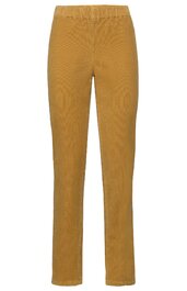 Hose in ockerbraun ohne Muster, gerader Schnitt, elastischer Bund, seitliche Naht, lange Beine