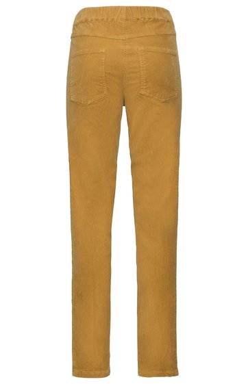 Herrenhose in hellbraun, ohne Muster, zwei aufgesetzte Gesäßtaschen, gerade geschnitten, elastischer Bund, ohne sichtbare Verschlüsse