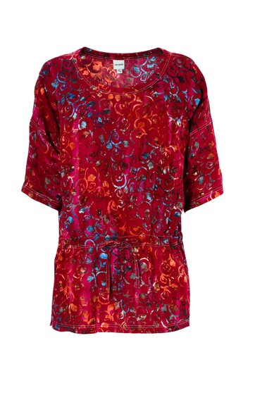 Rotes Damenoberteil mit abstraktem Blumenmuster in Blau und Orange, Rundhalsausschnitt, halblange Ärmel, lockere Passform, Taillenzug mit Kordel