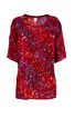 Rotes Damenoberteil mit abstraktem Blumenmuster in Blau und Orange, Rundhalsausschnitt, halblange Ärmel, lockere Passform, Taillenzug mit Kordel