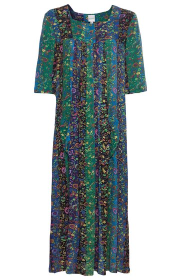 Maxikleid in Grün und Dunkelblau mit floralen und abstrakten Mustern, Rundhalsausschnitt, 3/4-Ärmel, lockere Passform, knöchellang