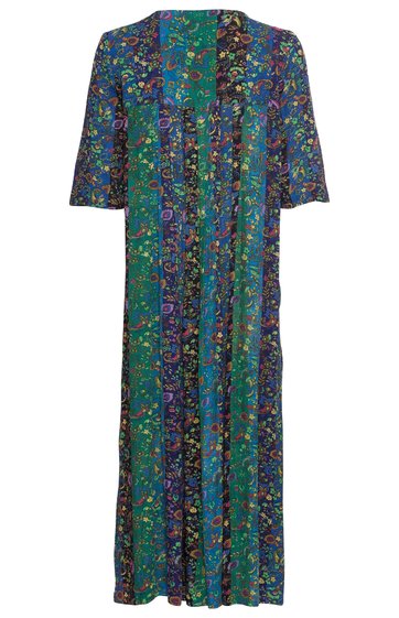 Knielanges Kleid in Blau und Grün mit mehrfarbigem Blumenmuster, Halbarm, V-Ausschnitt, gerade geschnitten