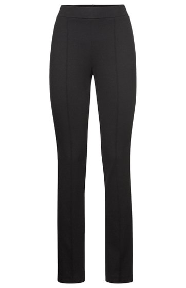 Schwarze Damenhose, schmal geschnitten, gerade geschnittene Beine, elastischer Bund, keine sichtbaren Taschen oder Verschlüsse