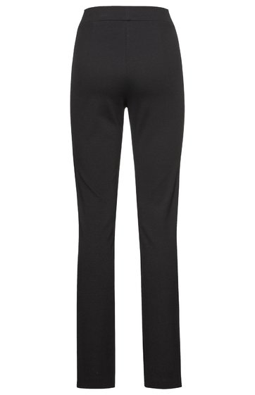 Schwarze Hose ohne Muster, gerade geschnittener Schnitt, hoher bund, keine sichtbaren Taschen oder Verzierungen