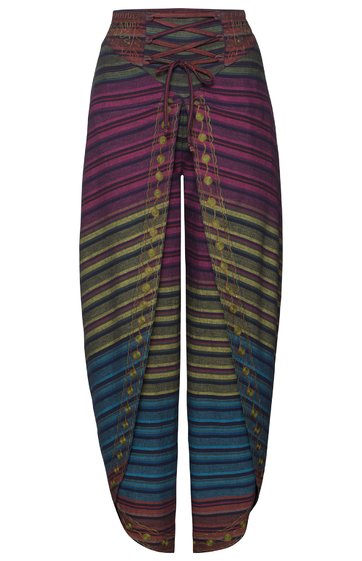 Lange Hose in bunten Streifenfarben wie Bordeauxrot, Olivgrün, Blau, Lila, mit umgeschlagenem Saum, dekorativer Schnürung vorne am Bund, gerader Schnitt, ausgestellt