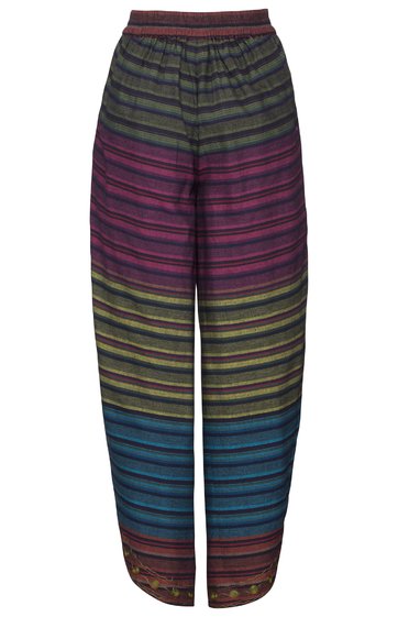 Hose mit weitem Bein, mehrfarbig gestreift in Dunkelgrün, Purpur, Olivgrün, Blau und Braun, elastischer Bund, gerade geschnitten