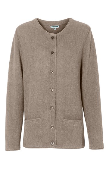 Hellbraune Strickjacke, einfarbig, Rundhalsausschnitt, durchgehende Knopfleiste, lange Ärmel, zwei aufgesetzte Taschen, gerade geschnitten