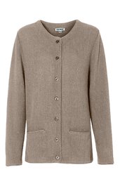 Hellbraune Strickjacke, einfarbig, Rundhalsausschnitt, durchgehende Knopfleiste, lange Ärmel, zwei aufgesetzte Taschen, gerade geschnitten