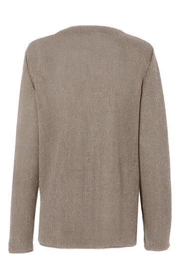 Taupefarbenes langärmliges Oberteil ohne Muster, Rundhalsausschnitt, Rückansicht, gerade geschnitten