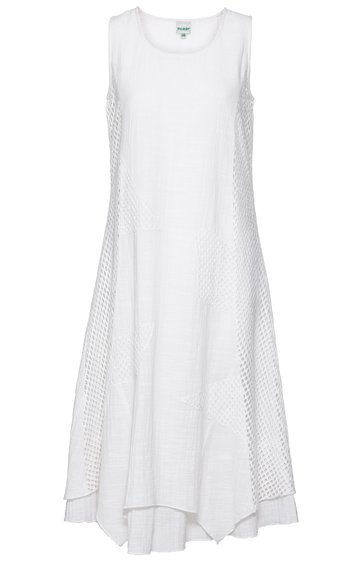 Weißes ärmelloses Kleid mit Rundhalsausschnitt, ausgestellter Schnitt, seitliche Einsätze mit Netzstruktur, knielang, ohne sichtbare Verschlüsse