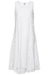 Weißes ärmelloses Kleid mit Rundhalsausschnitt, ausgestellter Schnitt, seitliche Einsätze mit Netzstruktur, knielang, ohne sichtbare Verschlüsse