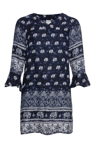 Dunkelblaues Kleid mit weißen Elefanten- und Paisleymustern, rundem Ausschnitt, dreiviertellangen Ärmeln mit Volants, gerade geschnitten