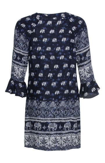 Dunkelblaues Kleid mit weißen Elefanten- und Paisleymustern, Rundhalsausschnitt, dreiviertellange Trompetenärmel, gerade geschnitten