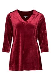 Langärmliges rotes Samtshirt, V-Ausschnitt, gerade geschnitten, 3/4-Ärmel, ohne Muster oder Verzierungen