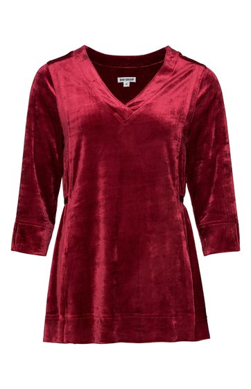 Langärmliges rotes Samtshirt, V-Ausschnitt, gerade geschnitten, 3/4-Ärmel, ohne Muster oder Verzierungen
