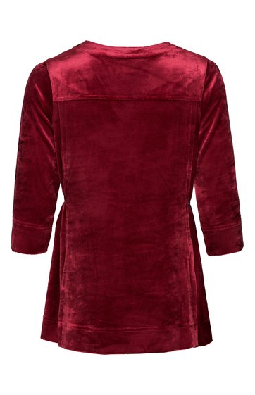 Dunkelrotes Damenoberteil, unifarben, samtstrukturierter Stoff, Rundhalsausschnitt, 3-4 Armellänge, gerade geschnittener Saum