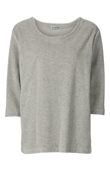 Hellgraues Langarmshirt ohne Muster, Rundhalsausschnitt, gerade geschnitten, schlichte Vorderansicht