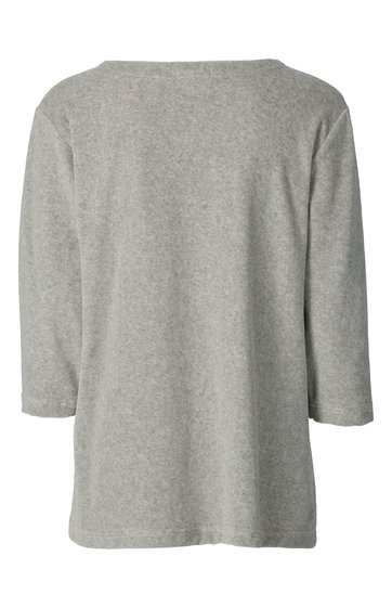 Hellgraues Langarmshirt, gerade geschnitten, Rundhalsausschnitt, ohne Muster oder weitere Details, sichtbar Rückansicht