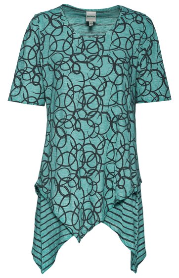 Türkisgrünes Shirt mit schwarzen abstrakten Linien, V-Ausschnitt, kurze Ärmel, asymmetrischer Zipfel-Saum mit schwarzen Streifen, lockere Passform