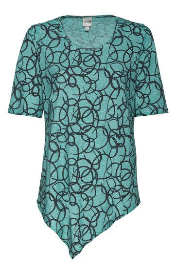 T-Shirt, türkis mit schwarzem Kreismuster, Rundhalsausschnitt, kurze Ärmel, asymmetrischer Saumabschluss